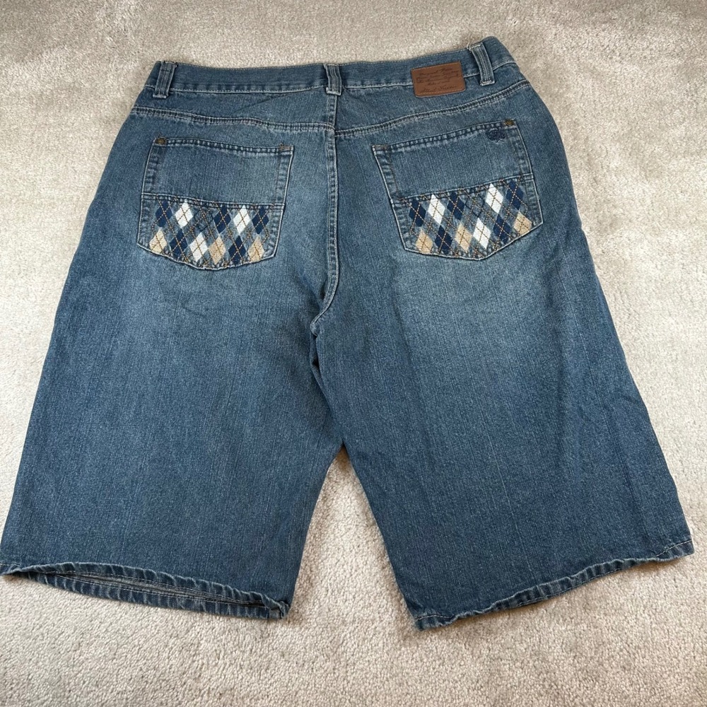 VTG Phat Farm Denim Shorts Mens 44 Blue Baggy Argyle Embroidered Y2K Streetwear